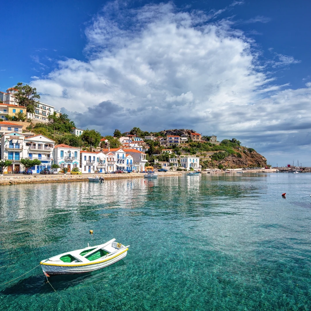 Ikarian coastline with hillside villages